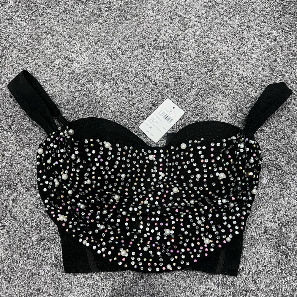 Windsor Black Rhinestone and Pearl Crop Top